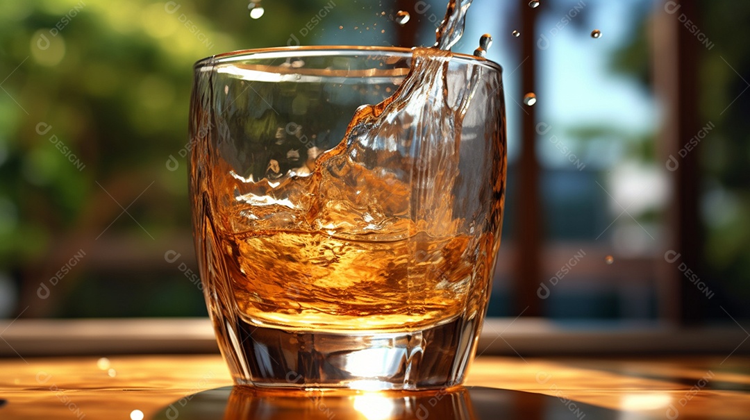 Copo de bebida alcoólica sobre a mesa de madeira