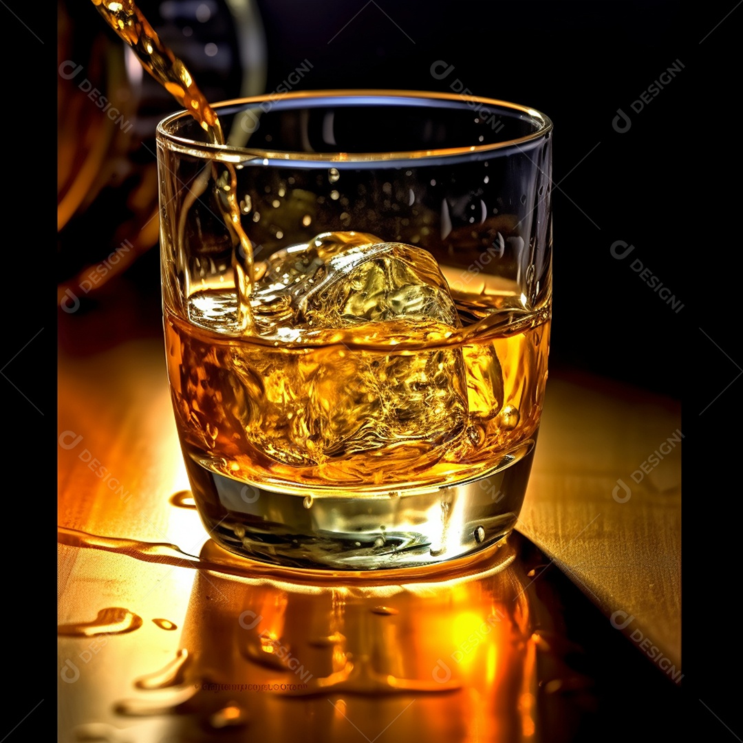 Copo de bebida alcoólica sobre a mesa de madeira