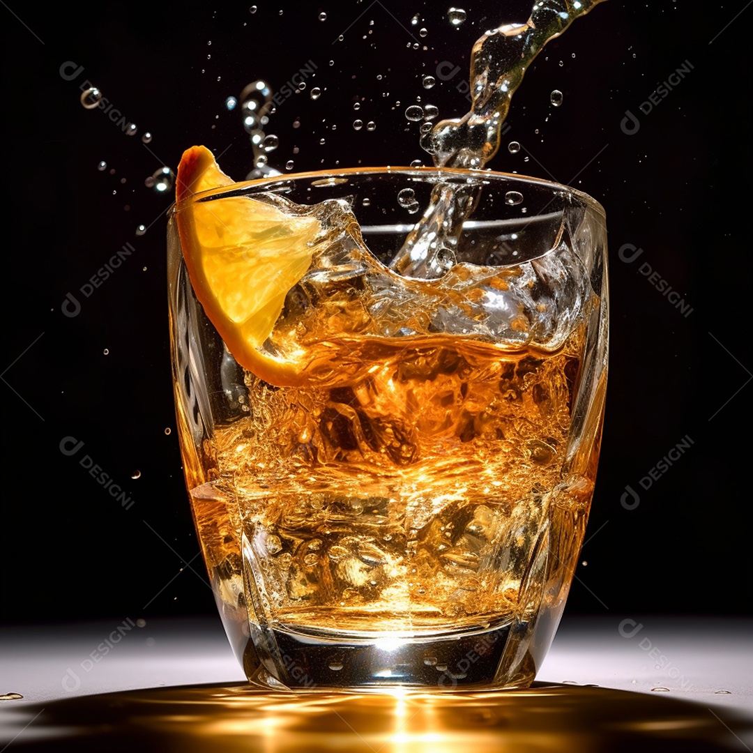 Copo de bebida alcoólica sobre a mesa de madeira