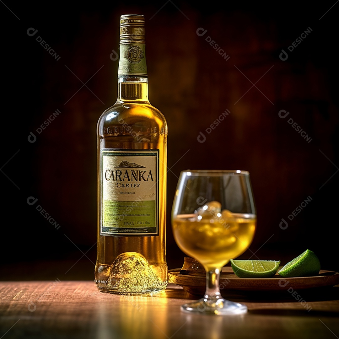 Garrafa e copo de uísque em mesa de bar