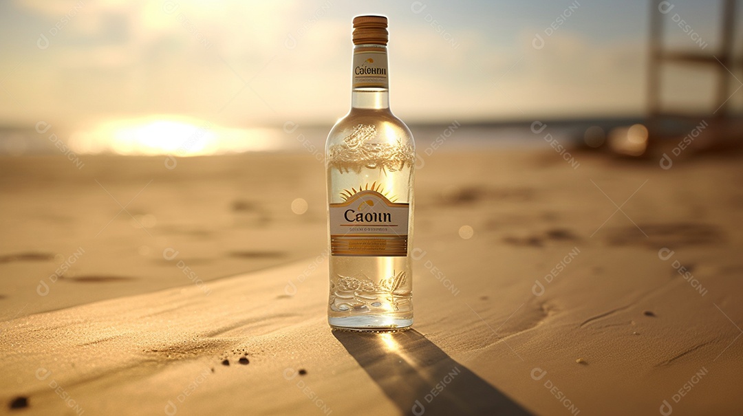 Garrafa de bebida na areia da praia