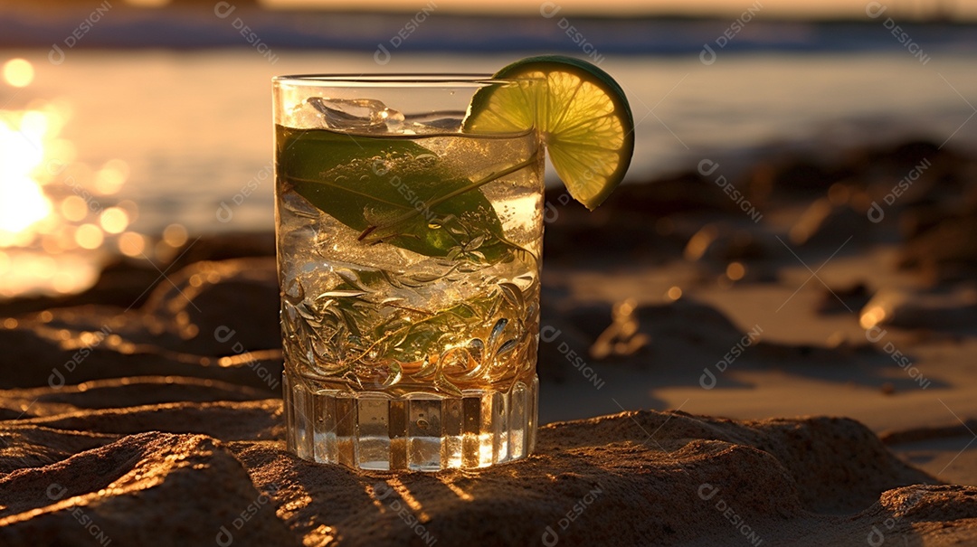 Copo de bebida alcoólica na areia da praia