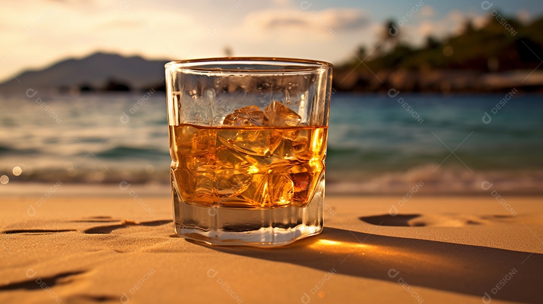 Copo de bebida alcoólica na areia da praia