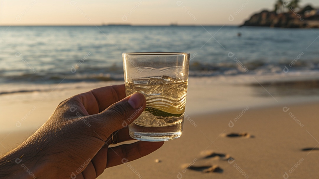 Copo de bebida alcoólica na areia da praia
