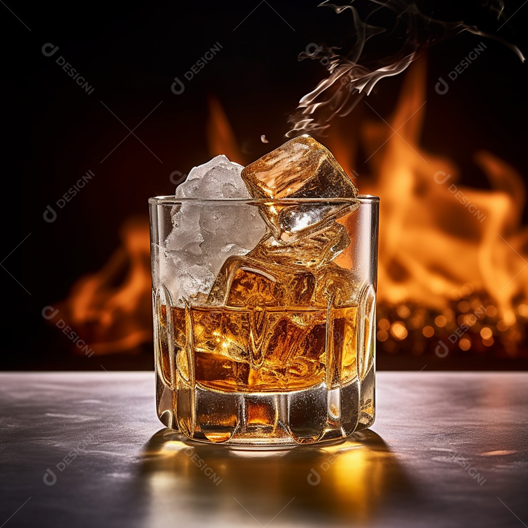 Copo de bebida alcoólica em fundo de fogo