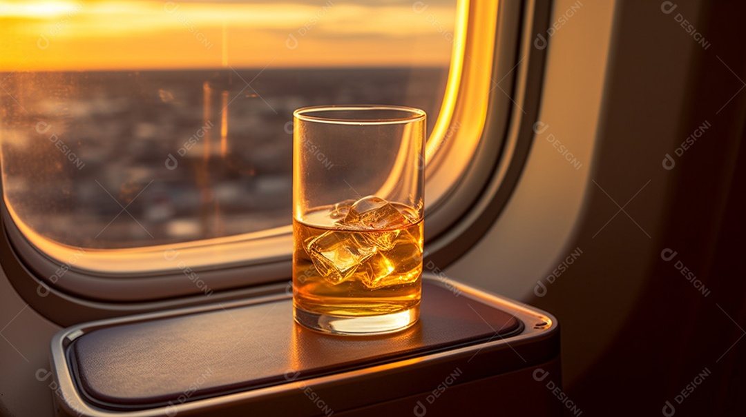 Copo de bebida alcoólica em janela de avião