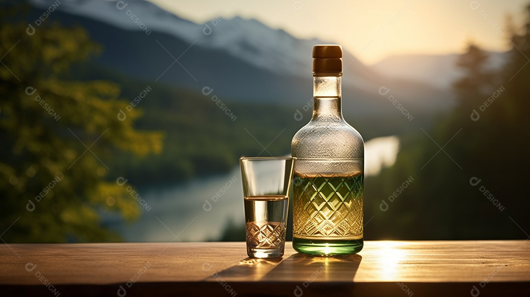 Garrafa de bebidas sobre a mesa do bar