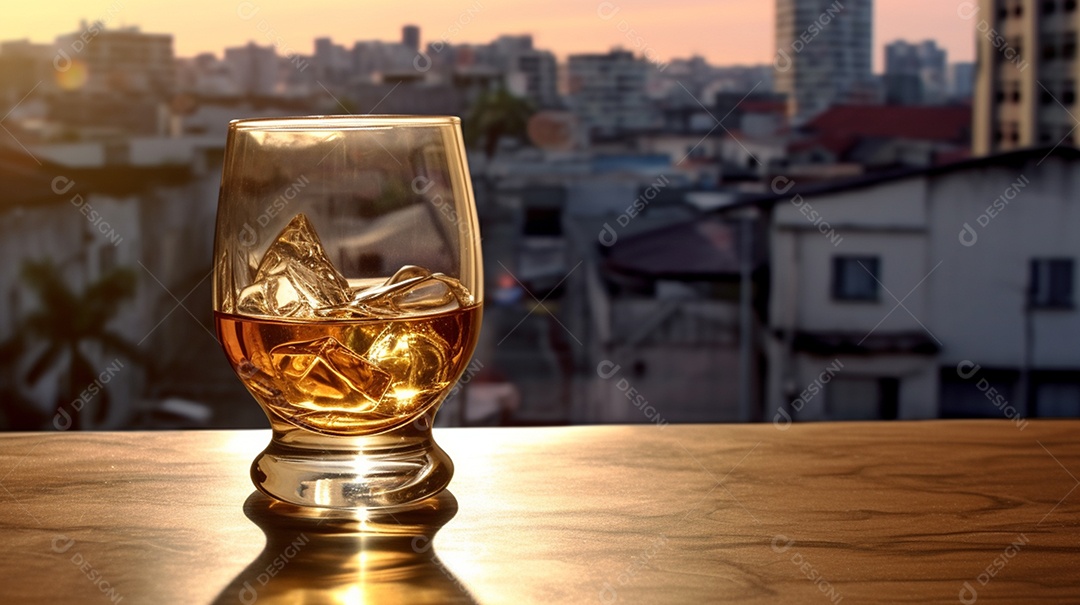 Copos de bebidas sobre a mesa em fundo de casas