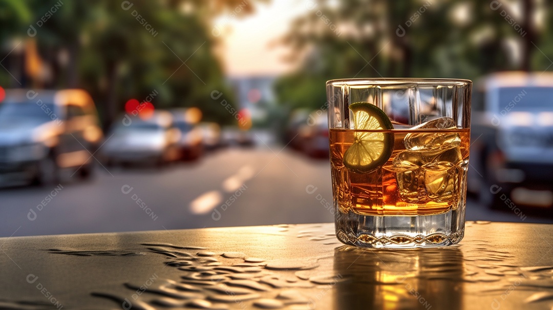 Copos de bebidas sobre fundo de ruas