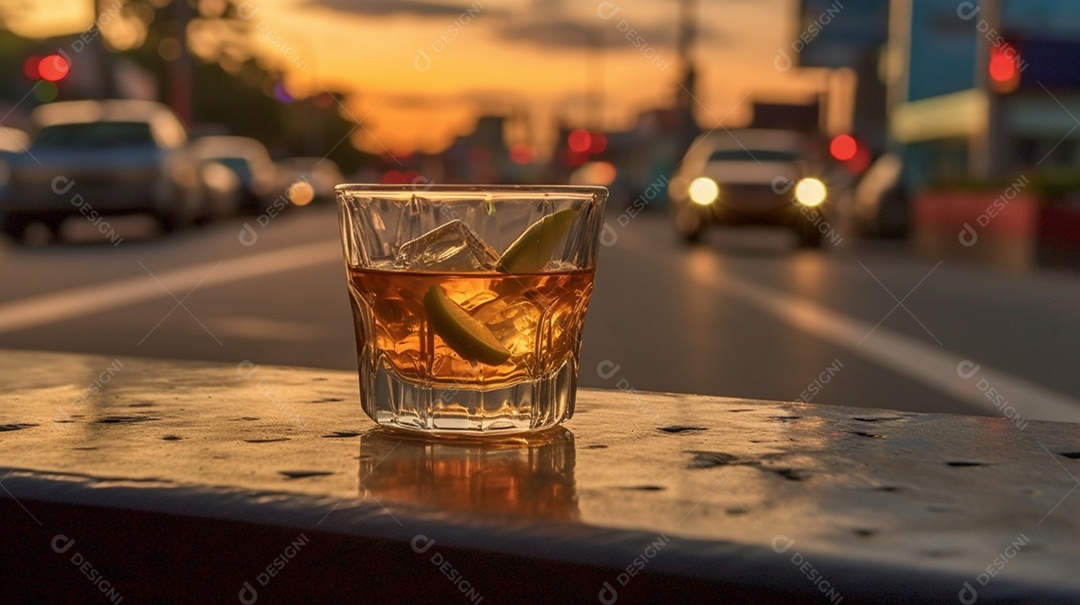 Copos de bebidas sobre fundo de rua