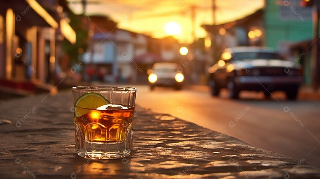 Copos de bebidas sobre fundo de ruas