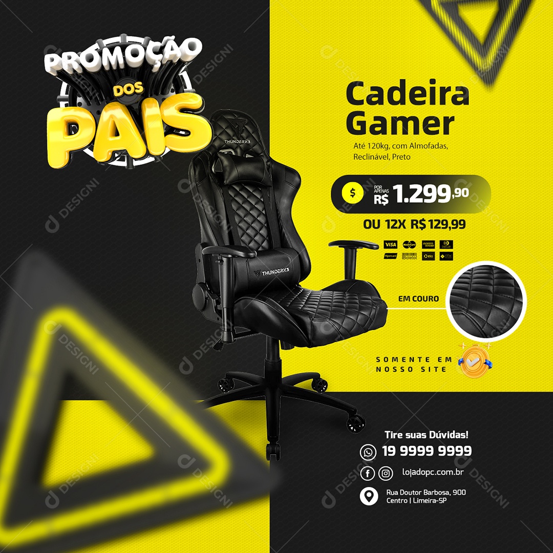 Promoção Dos Pais Cadeira Gamer Por Apenas 1.299 ,90 Loja De Informática Social Media PSD Editável