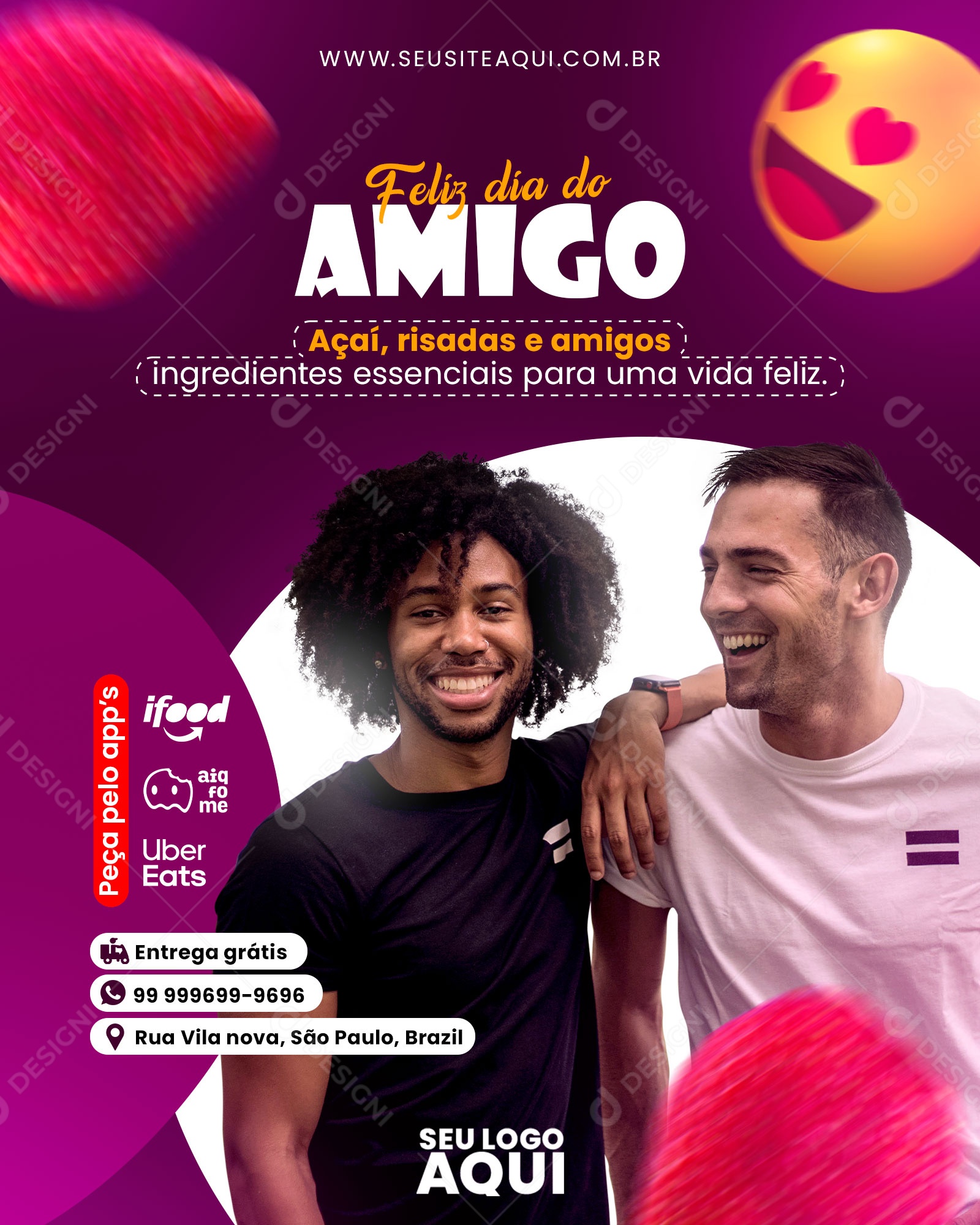 Açaíteria Feliz Dia do Amigo Açaí Risadas e Amigos Social Media PSD Editável