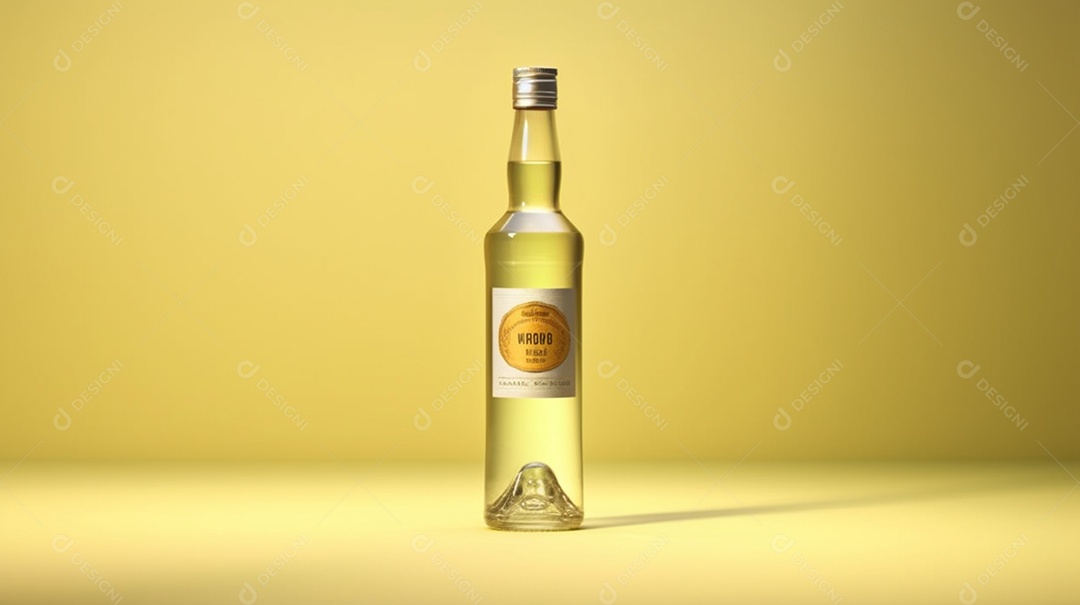 Garrafa de bebida alcoólica em fundo amarelo
