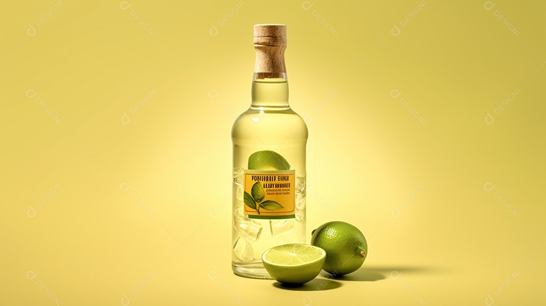 Garrafa de bebida alcoólica em fundo amarelo