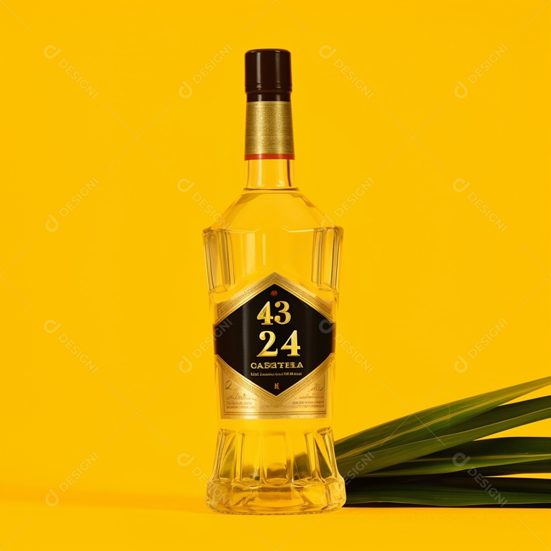 Garrafa de bebida alcoólica em fundo amarelo