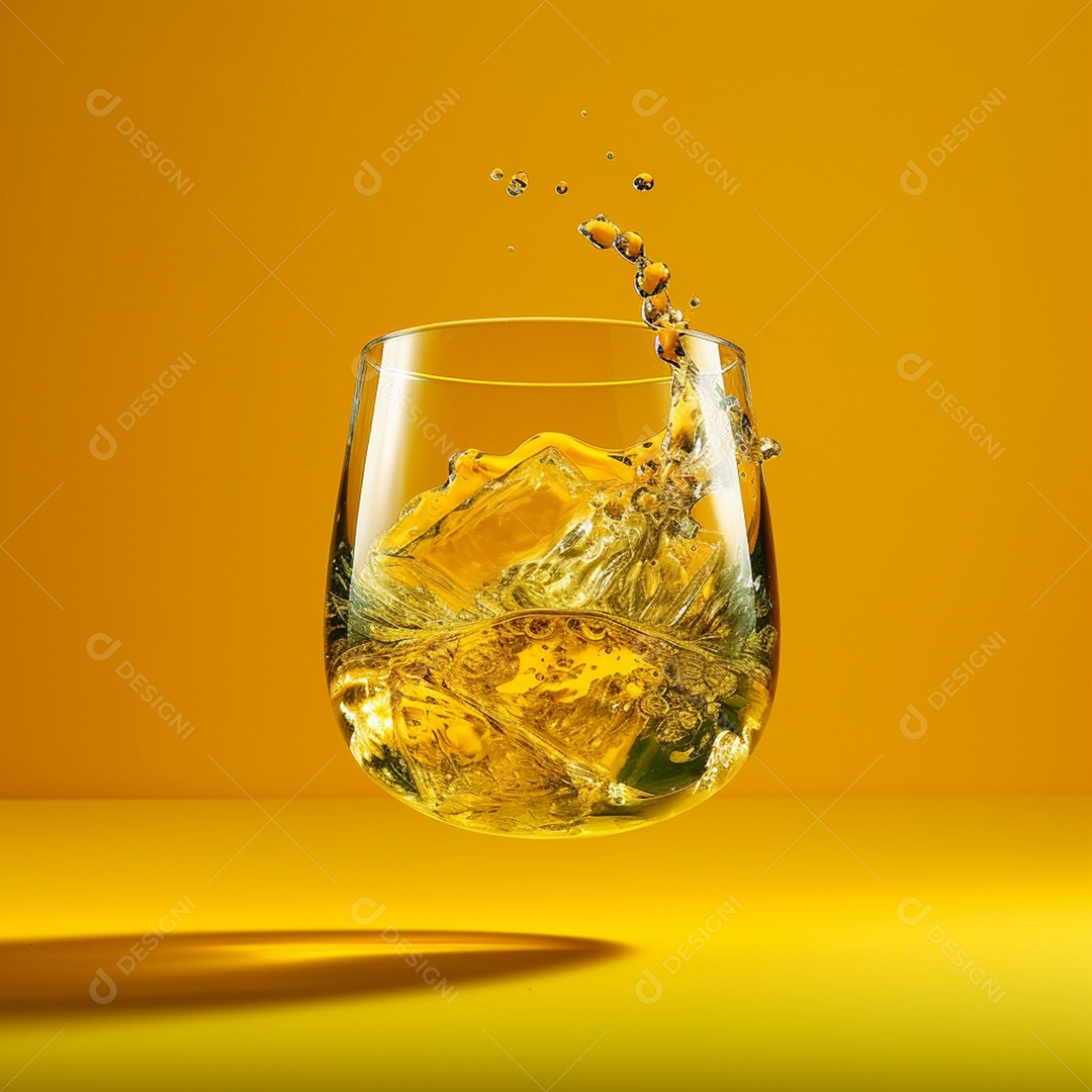 Copo de bebida alcoólica em fundo amarelo