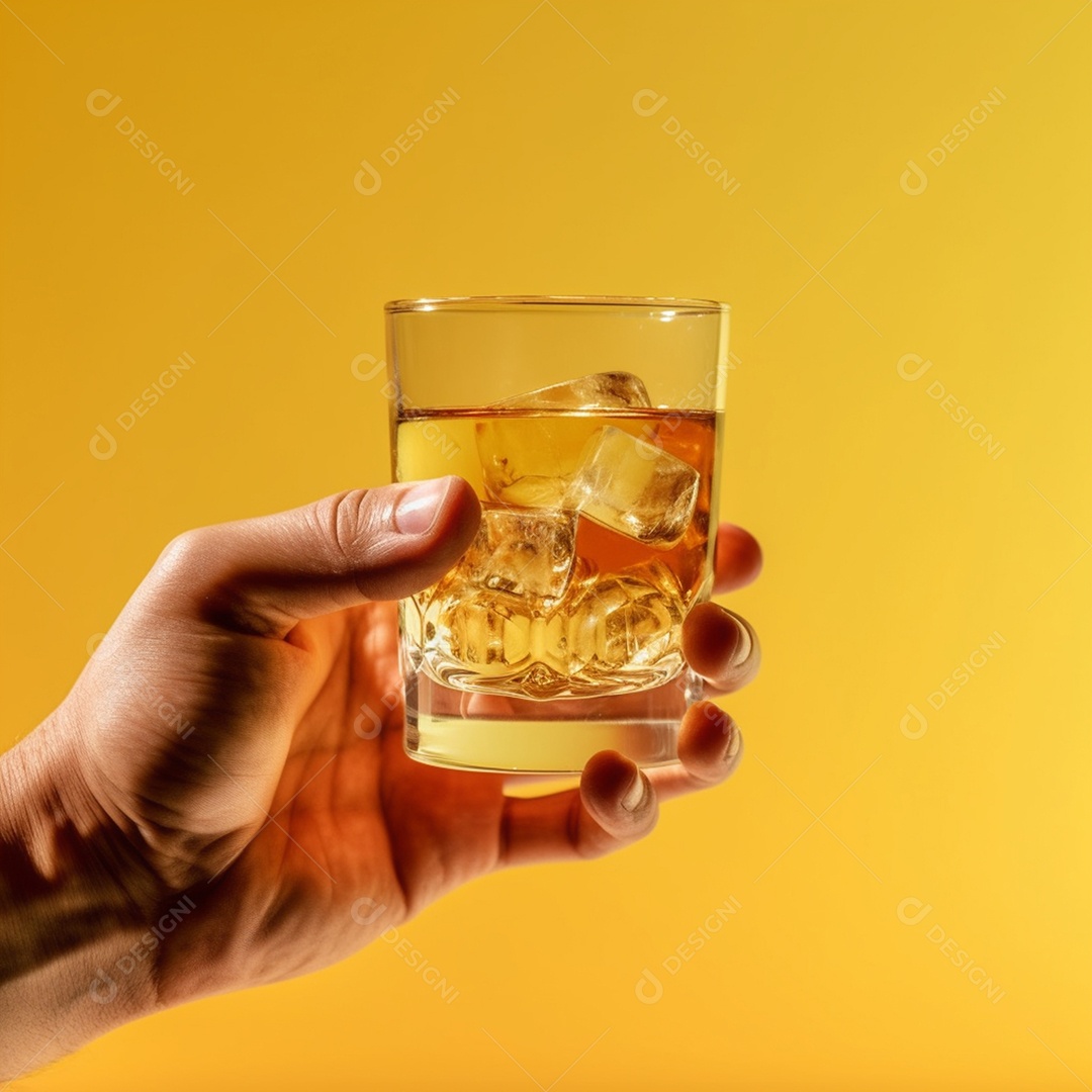 Copo de bebida alcoólica em fundo amarelo