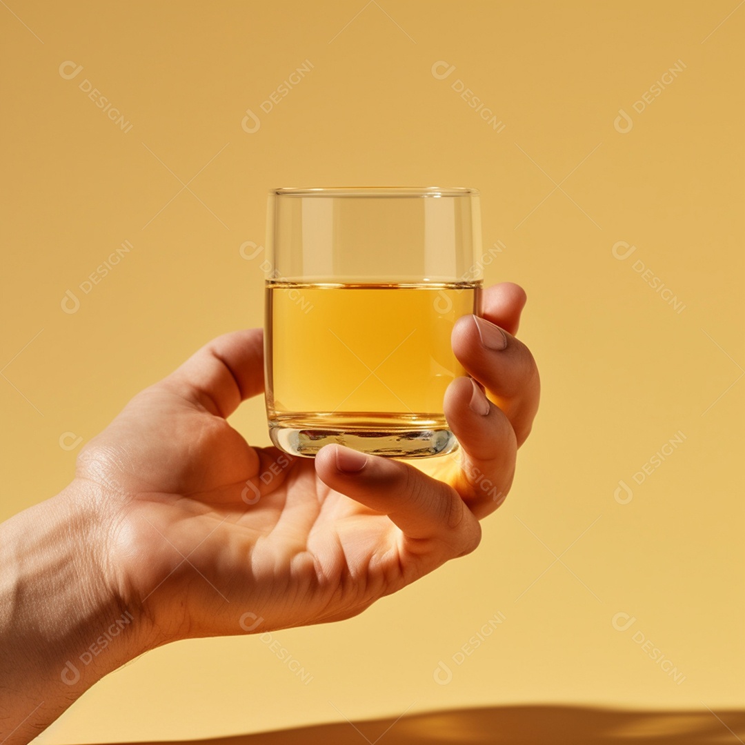 Copo de bebida alcoólica em fundo amarelo
