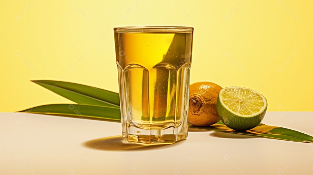 Copo de bebida alcoólica em fundo amarelo