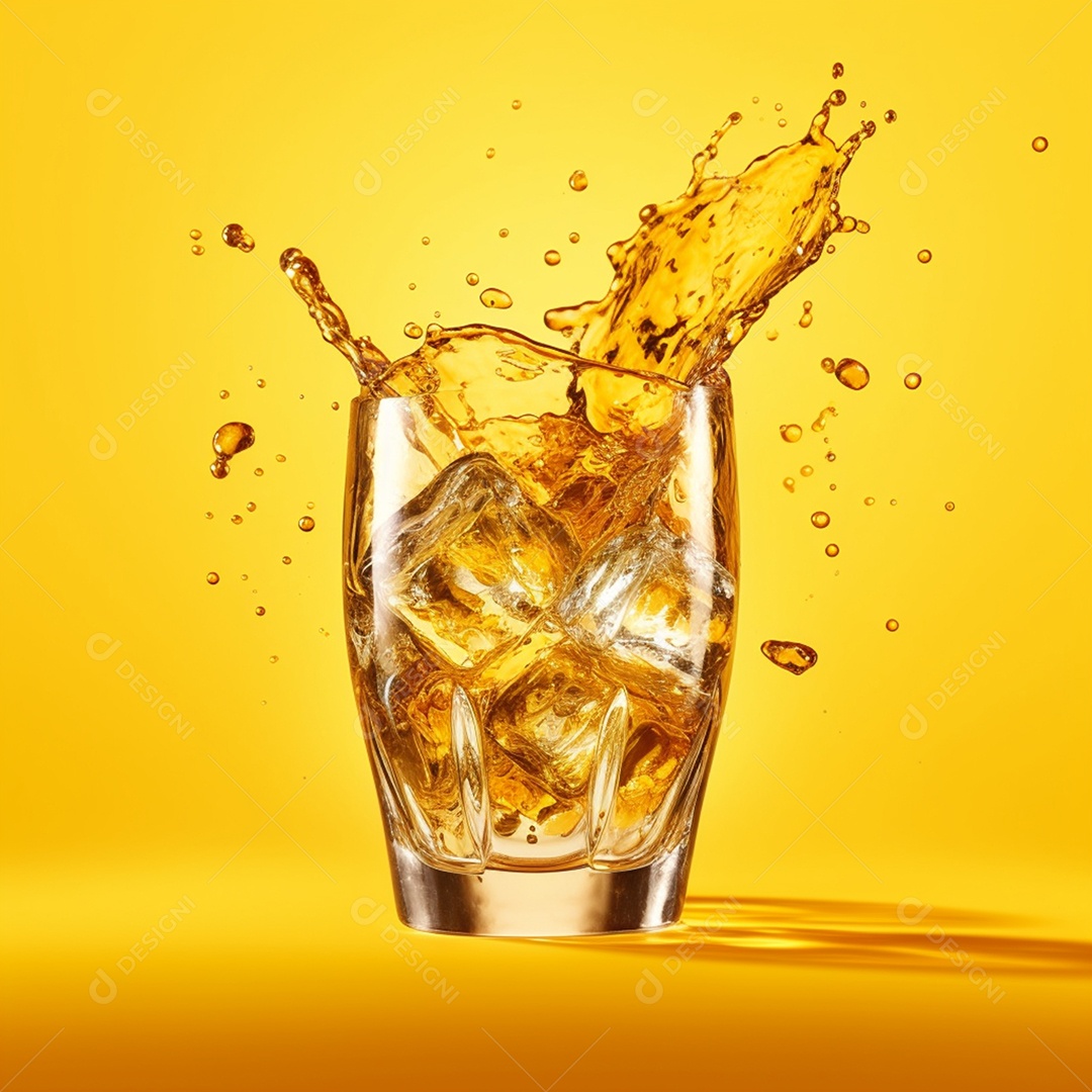 Copo de bebida alcoólica em fundo amarelo