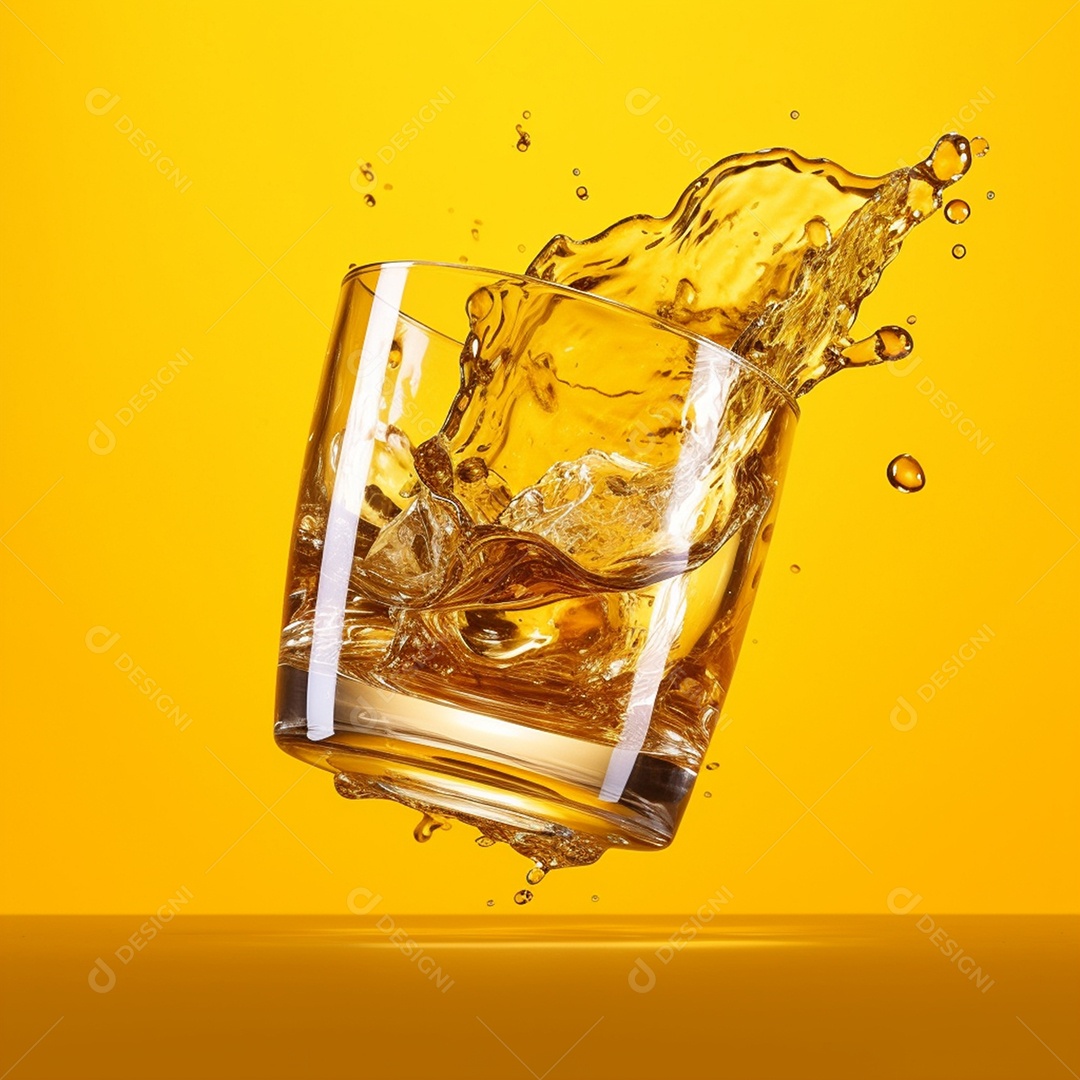 Copo de bebida alcoólica em fundo amarelo