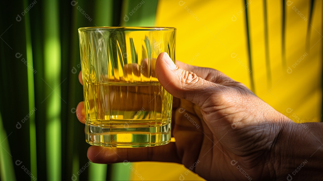 Copo de bebida alcoólica em fundo amarelo