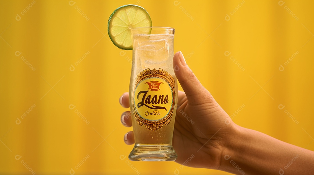 Copo de bebida alcoólica em fundo amarelo