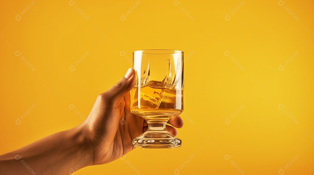 Copo de bebida alcoólica em fundo amarelo