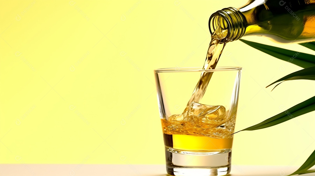 Copo de bebida alcoólica em fundo amarelo