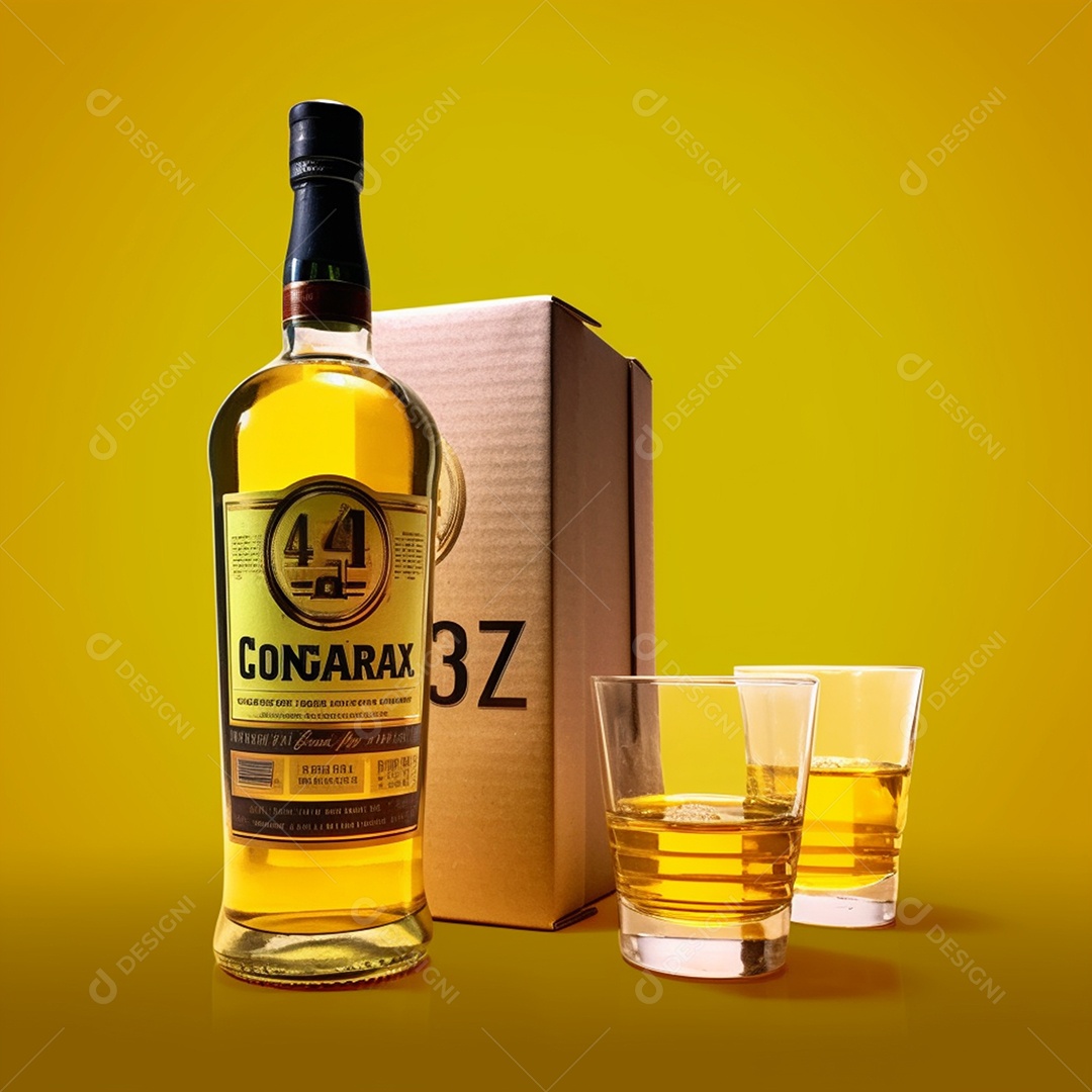 Garrafa de bebida alcoólica em fundo amarelo