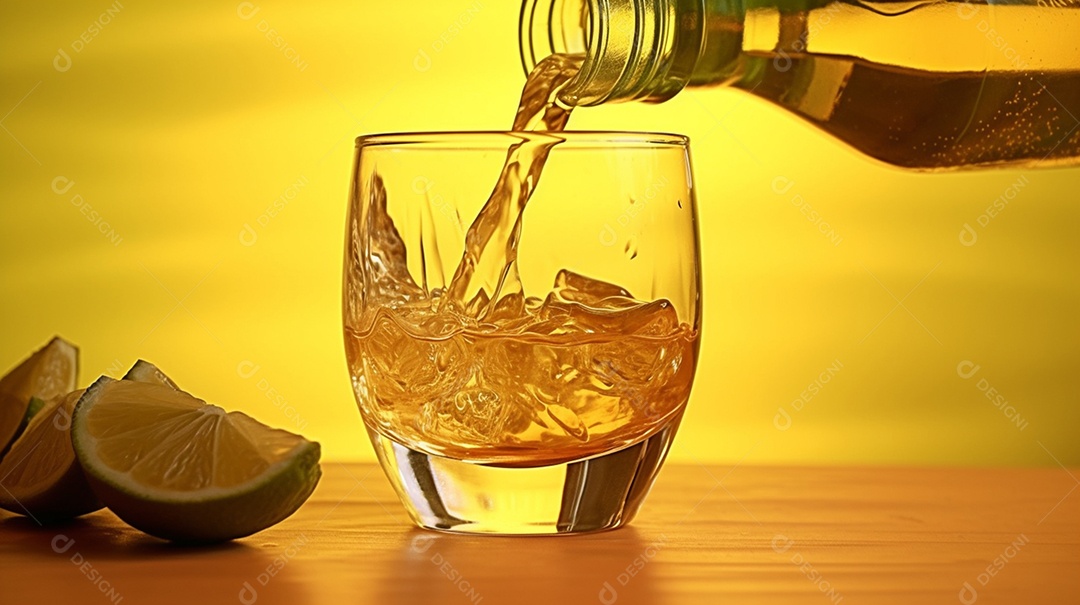 Copo de bebida alcoólica em fundo amarelo