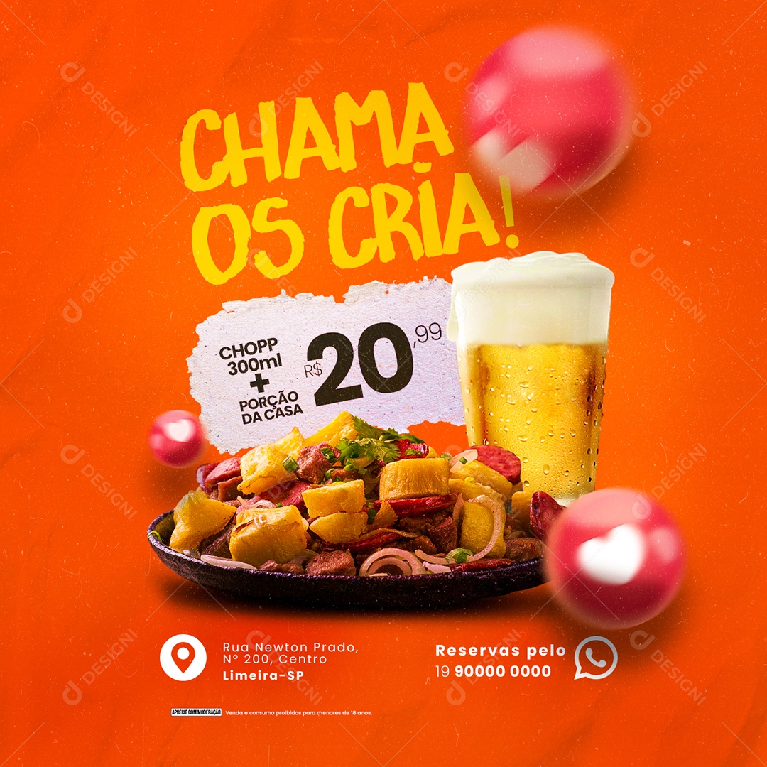 Chama Os Cria Chopp 300ml + Porção Da Casa 20,99 Restaurante Social Media PSD Editável