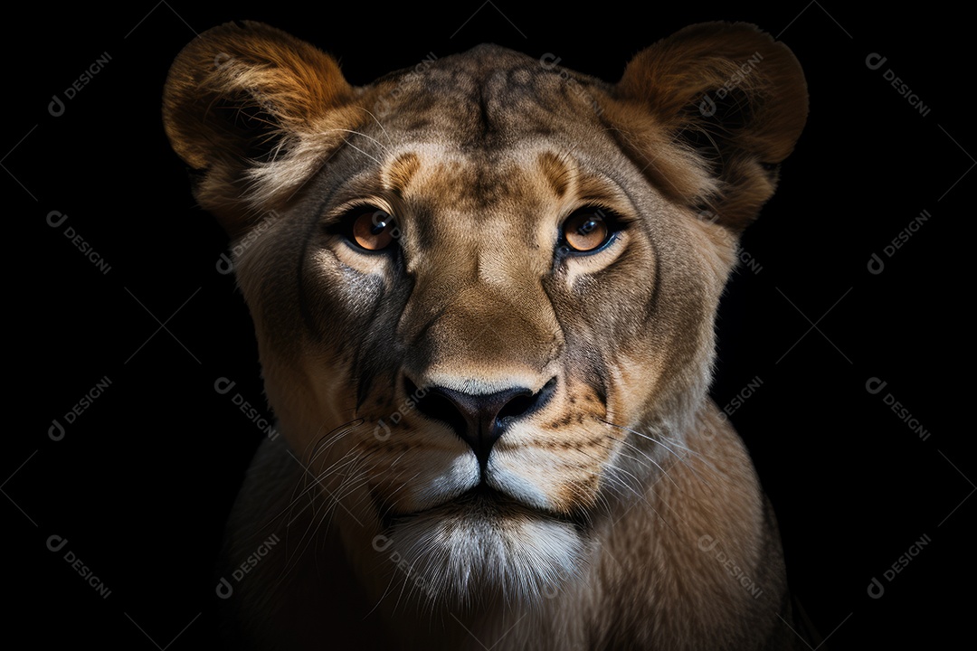 Leoa vista frontal fundo preto fotografia hiper-realista gerada por IA