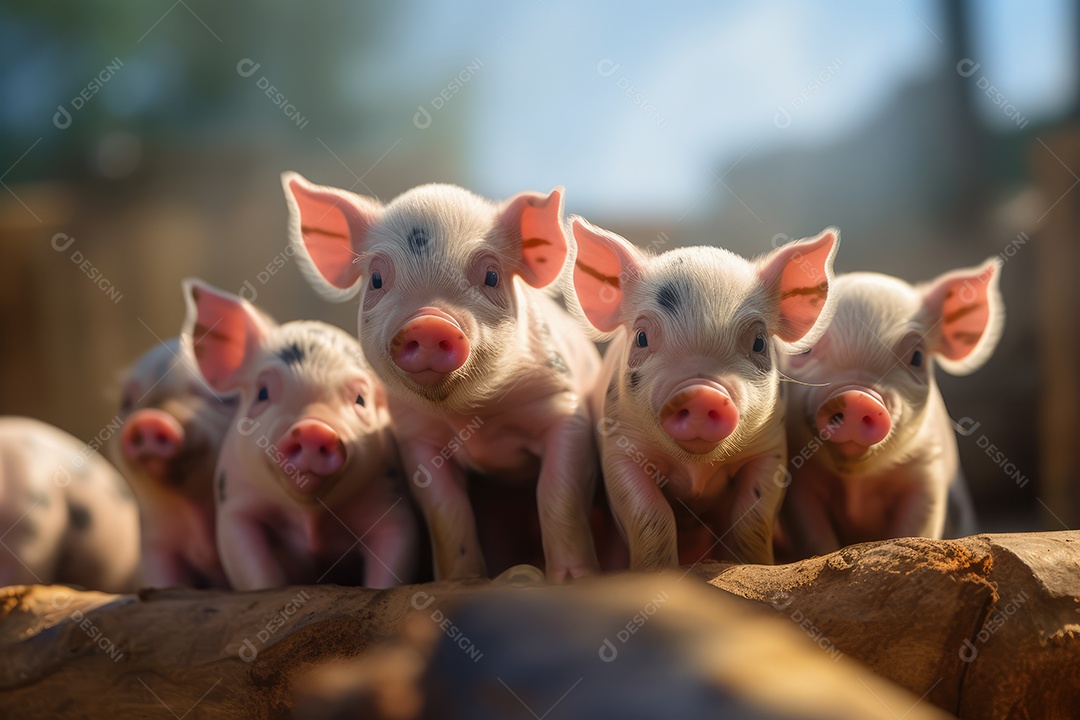 Porquinhos olhando para a câmera fundo bonito fundo de fazenda gerado por IA