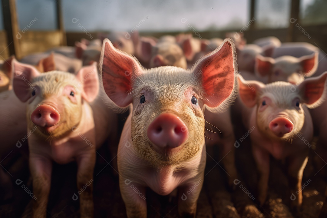 Porquinhos olhando para a câmera fundo bonito fundo de fazenda gerado por IA