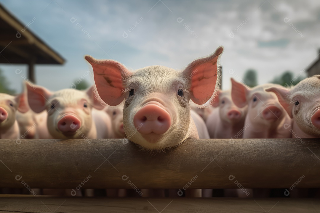 Porquinhos olhando para a câmera fundo bonito fundo de fazenda gerado por IA