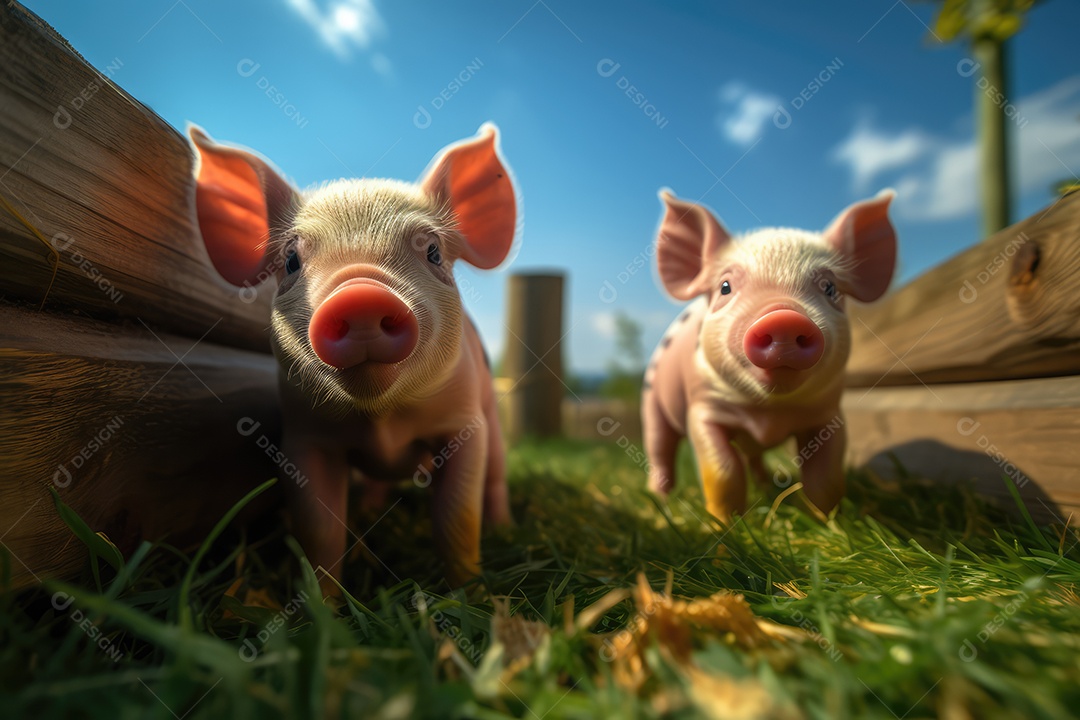 Porquinhos olhando para a câmera fundo bonito fundo de fazenda gerado por IA