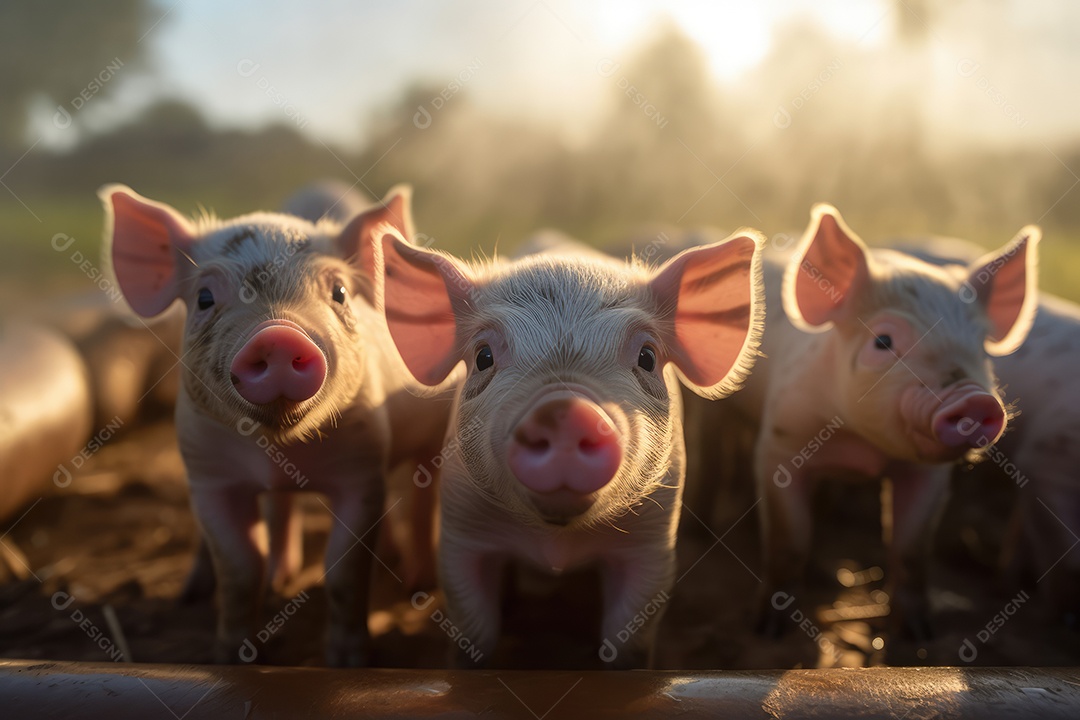Porquinhos olhando para a câmera fundo bonito fundo de fazenda gerado por IA