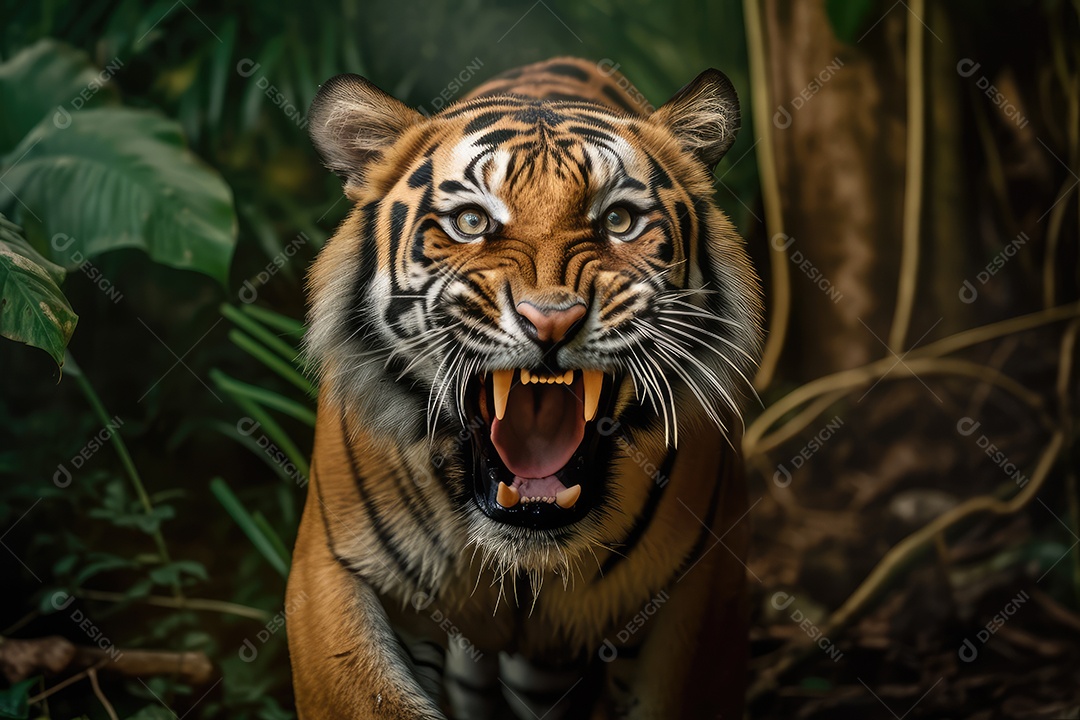 Tigre vista frontal fundo preto fotografia hiper-realista gerada por IA