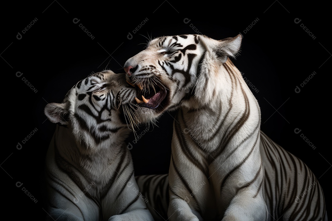 Tigres vista frontal fundo preto fotografia hiper-realista gerada por IA