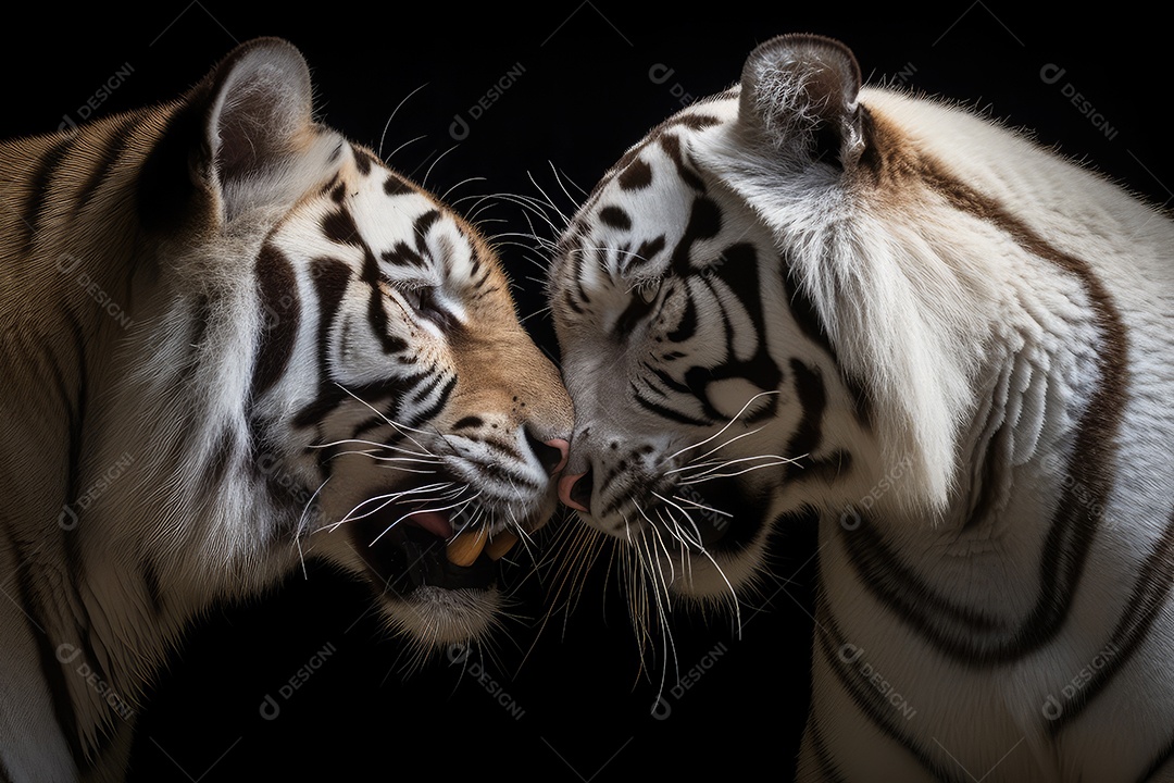 Tigres vista frontal fundo preto fotografia hiper-realista gerada por IA