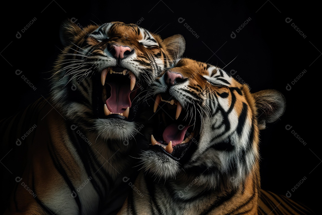 Tigres vista frontal fundo preto fotografia hiper-realista gerada por IA