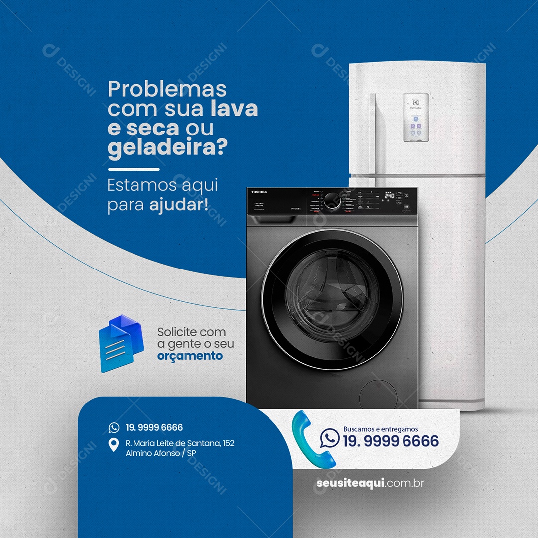 Problemas Com Sua Lava e Seca Ou Geladeira Consertos Eletrodoméstico Social Media PSD Editável