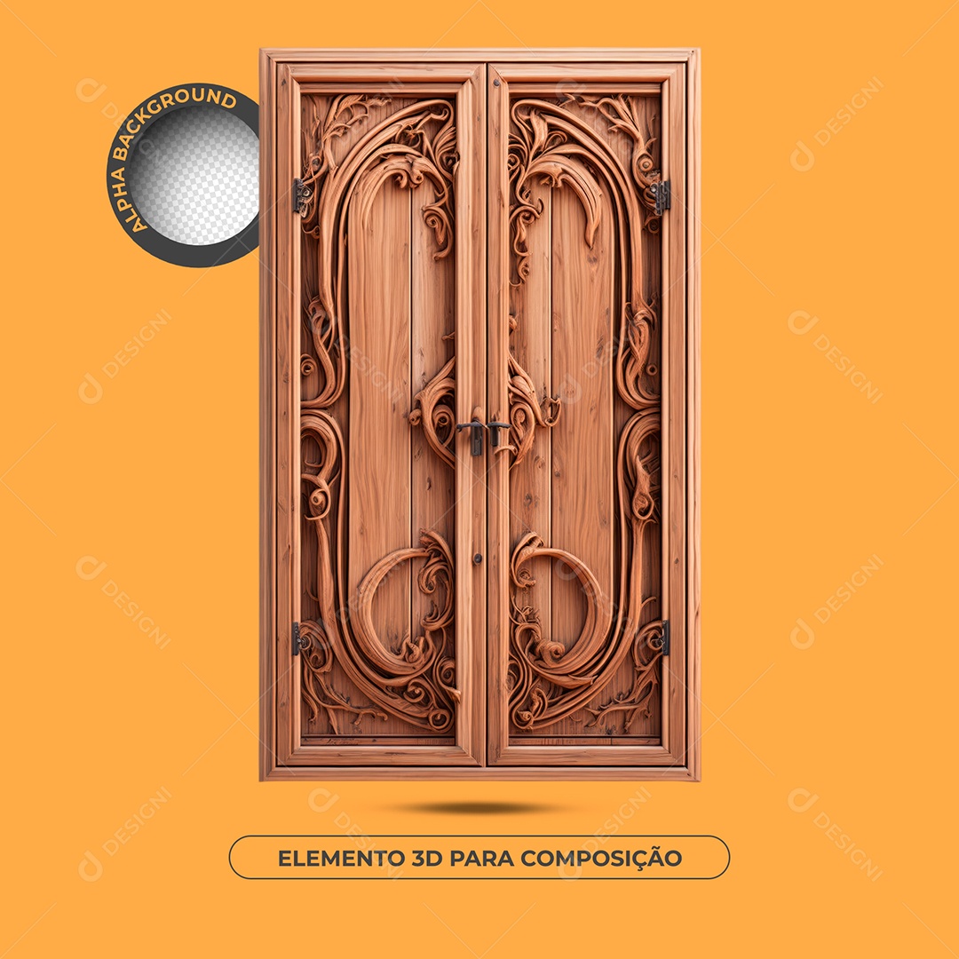 Modelo De Porta De Madeira Detalhes De Ferro Elemento 3D Para Composição PSD