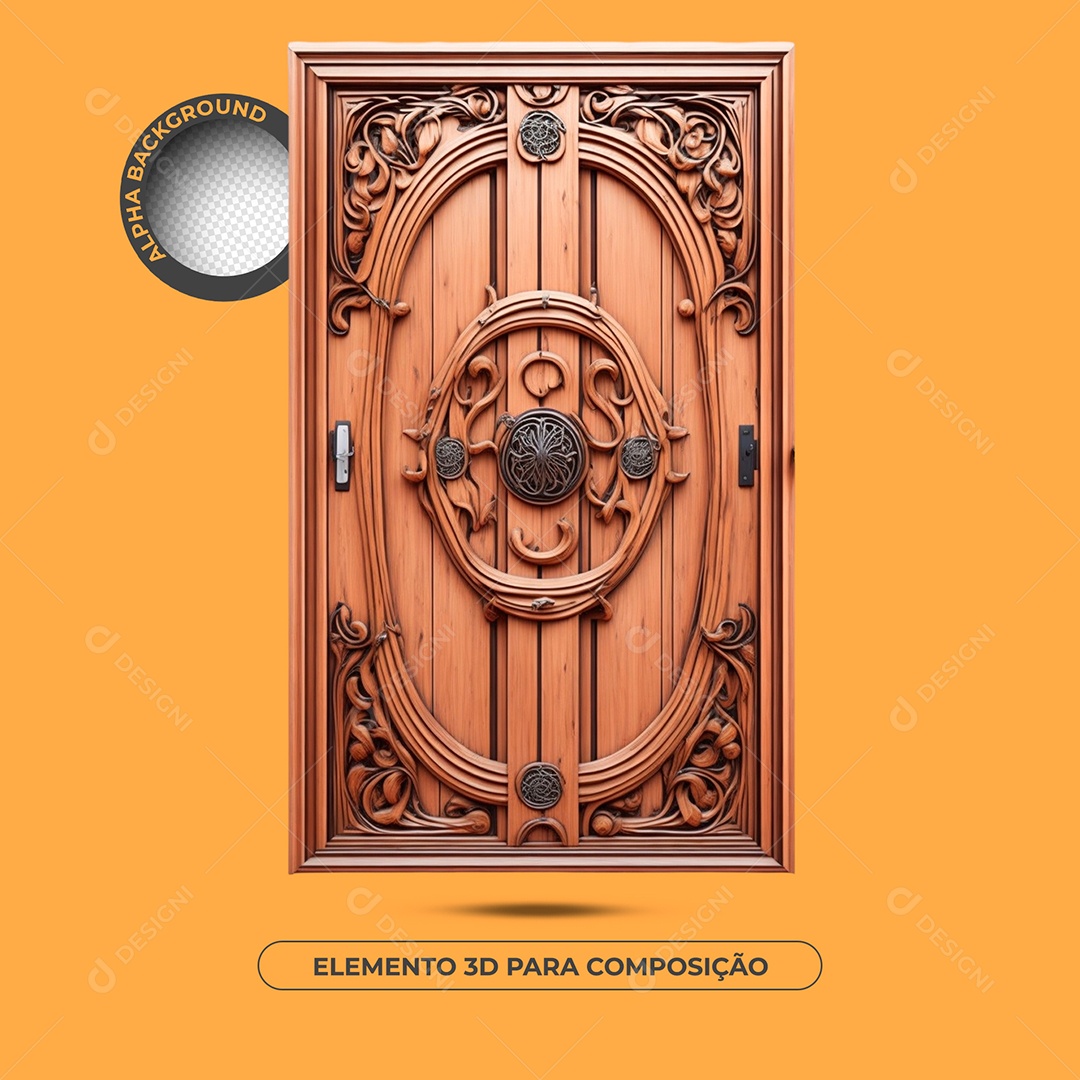 Modelo De Porta De Madeira Detalhes De Ferro Elemento 3D Para Composição PSD