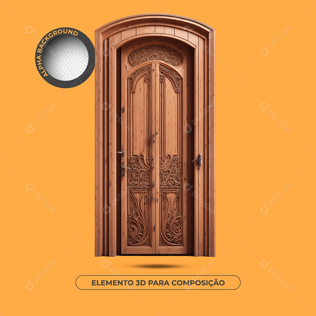 Porta De Madeira Detalhada Marrom Elemento 3D Para Composição PSD