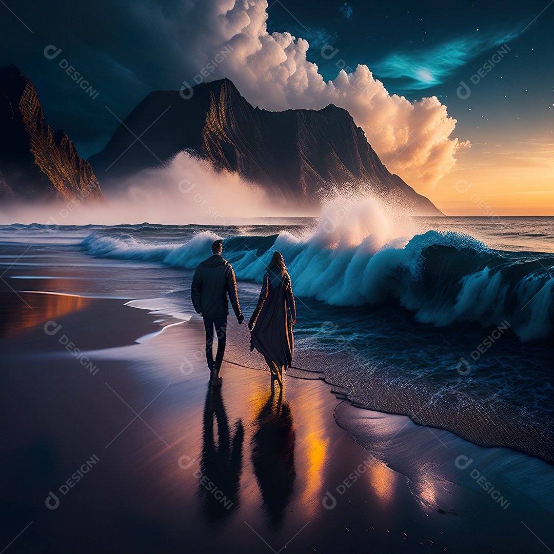 Imagem realista de linda silhueta de casal andando sobre praia