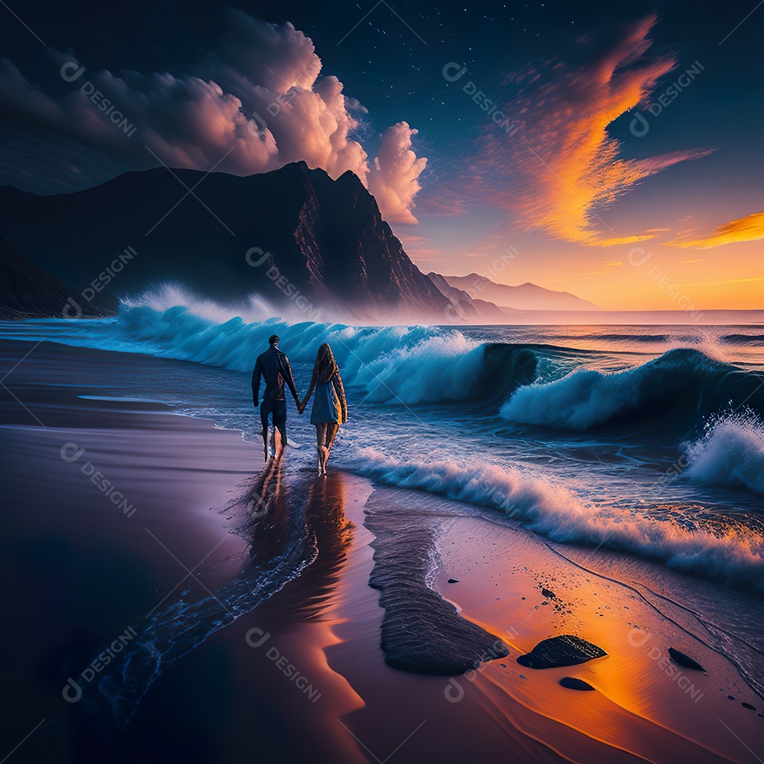 Imagem realista de linda silhueta de casal andando sobre praia