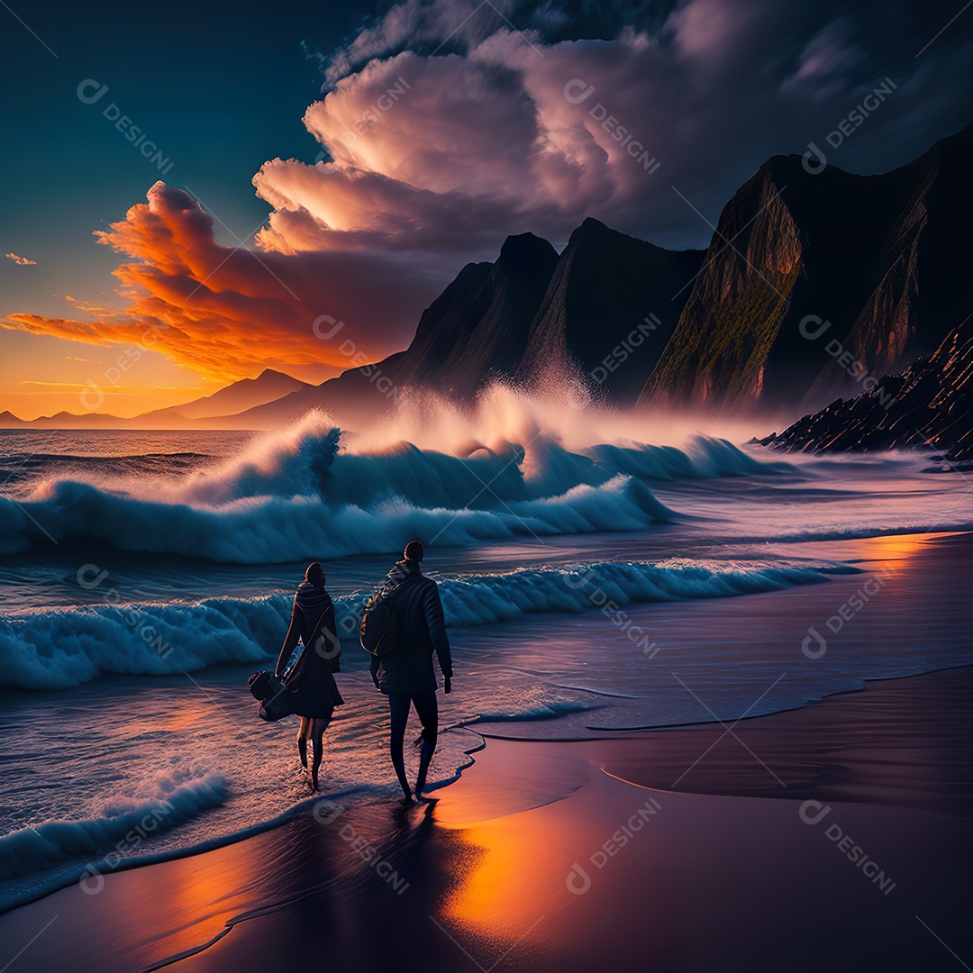 Imagem realista de linda silhueta de casal andando sobre praia